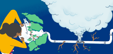 Illustration of a woman peering at a bonsai tree growing out of a sink while its roots burst the water pipe.