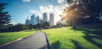 Two people walking in the park amongst the nature