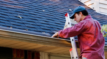 A man on a ladder cleaning the gutter A man on a ladder cleaning the gutter